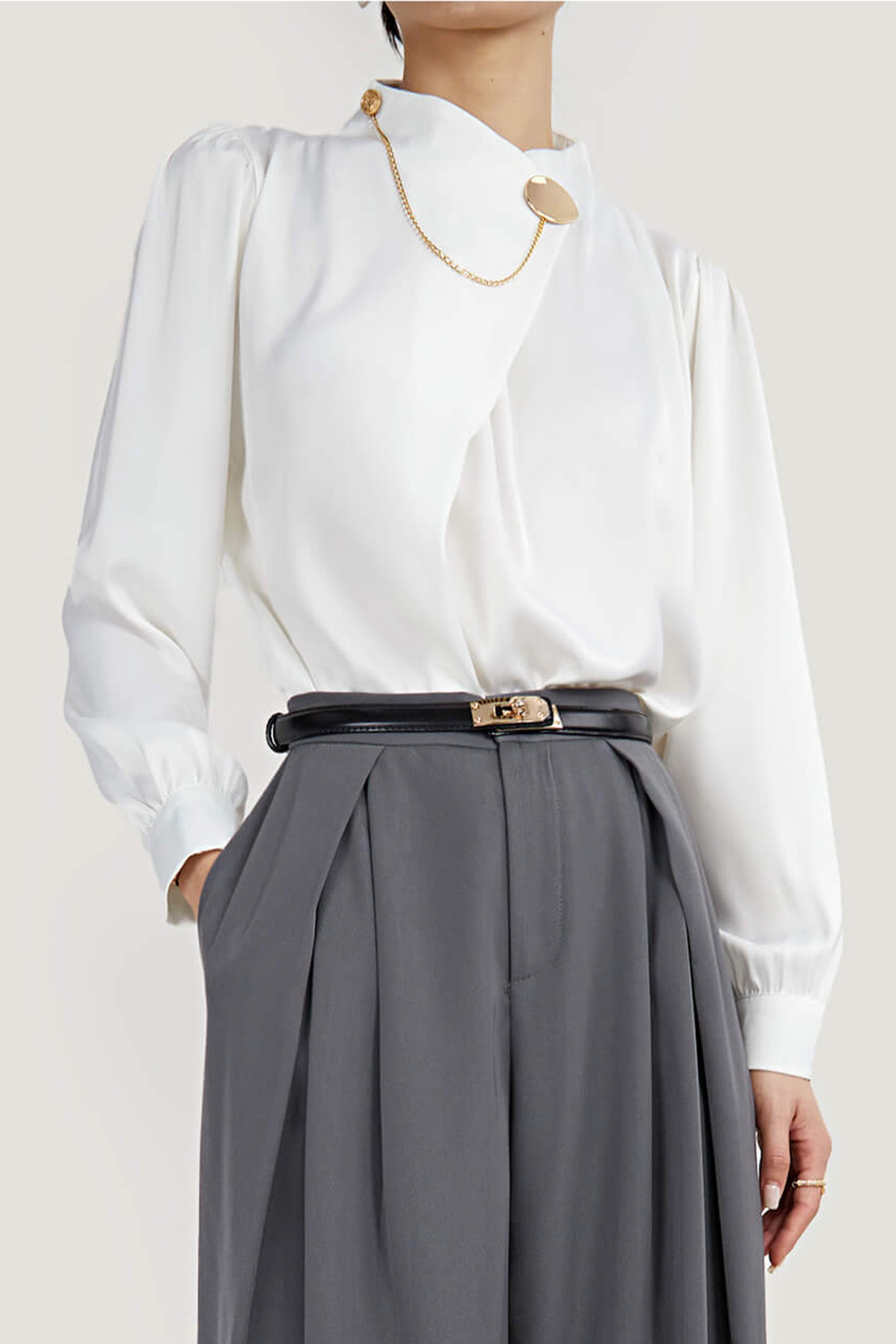 White Mock Neck Ornamental Lantern Sleeve Blouse