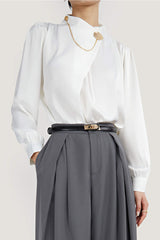 White Mock Neck Ornamental Lantern Sleeve Blouse