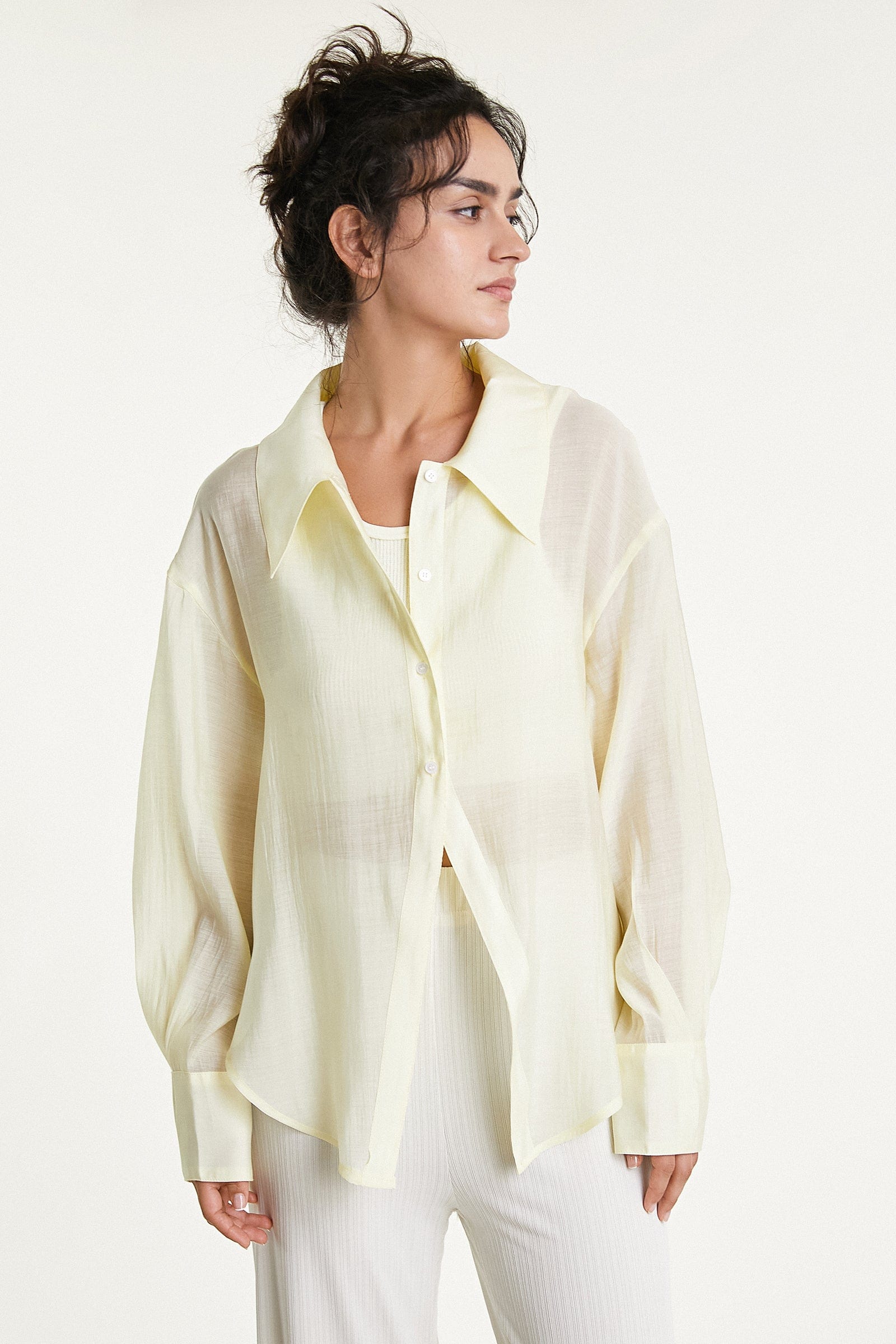 Lemon Chiffon Button-Up Drop Shoulder Oversized Shirt