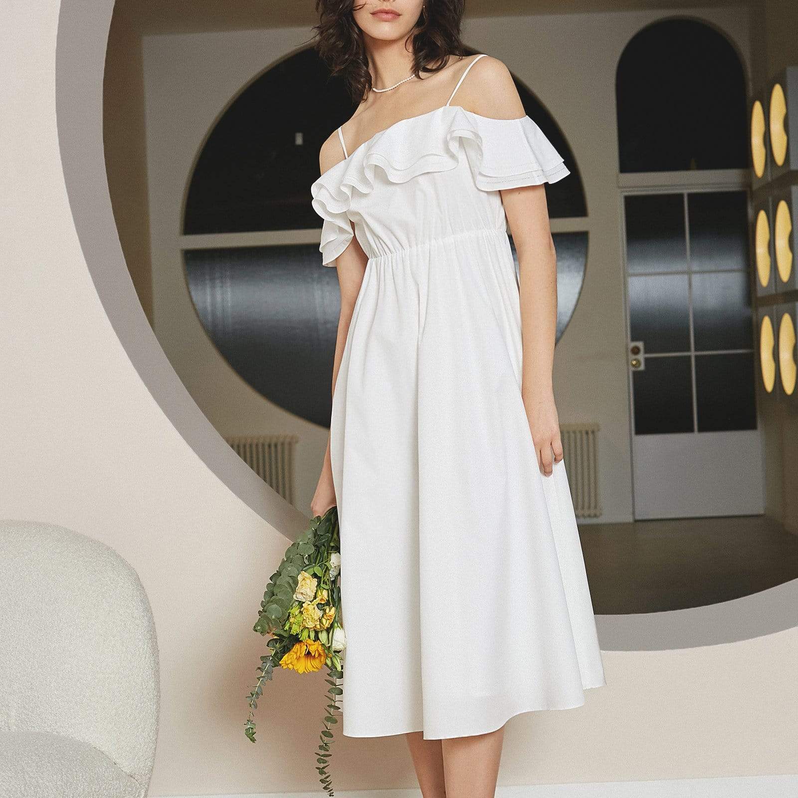 White Petal Neckline Midi Dress