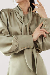 Dark Khaki Satin Ballon Sleeve Blouse