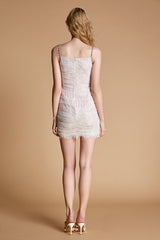 White Lace Mesh Ruched Rhinestone Strap Mini Dress