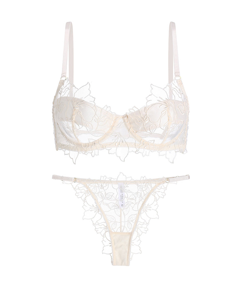 Floral Embroidered Lace See-through Mesh Bra and Briefs Set