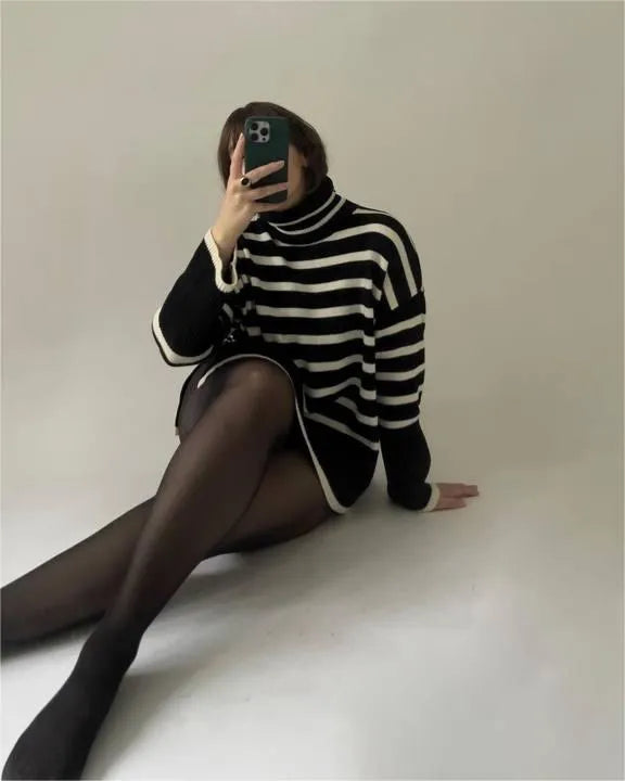 White Roll Neck Striped Ribbed Pullover Sweater