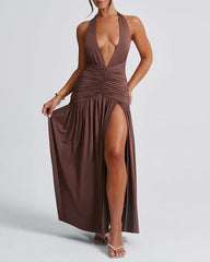 Deep V Neck Backless Ruched Split Thigh White Halter Vacation Dress
