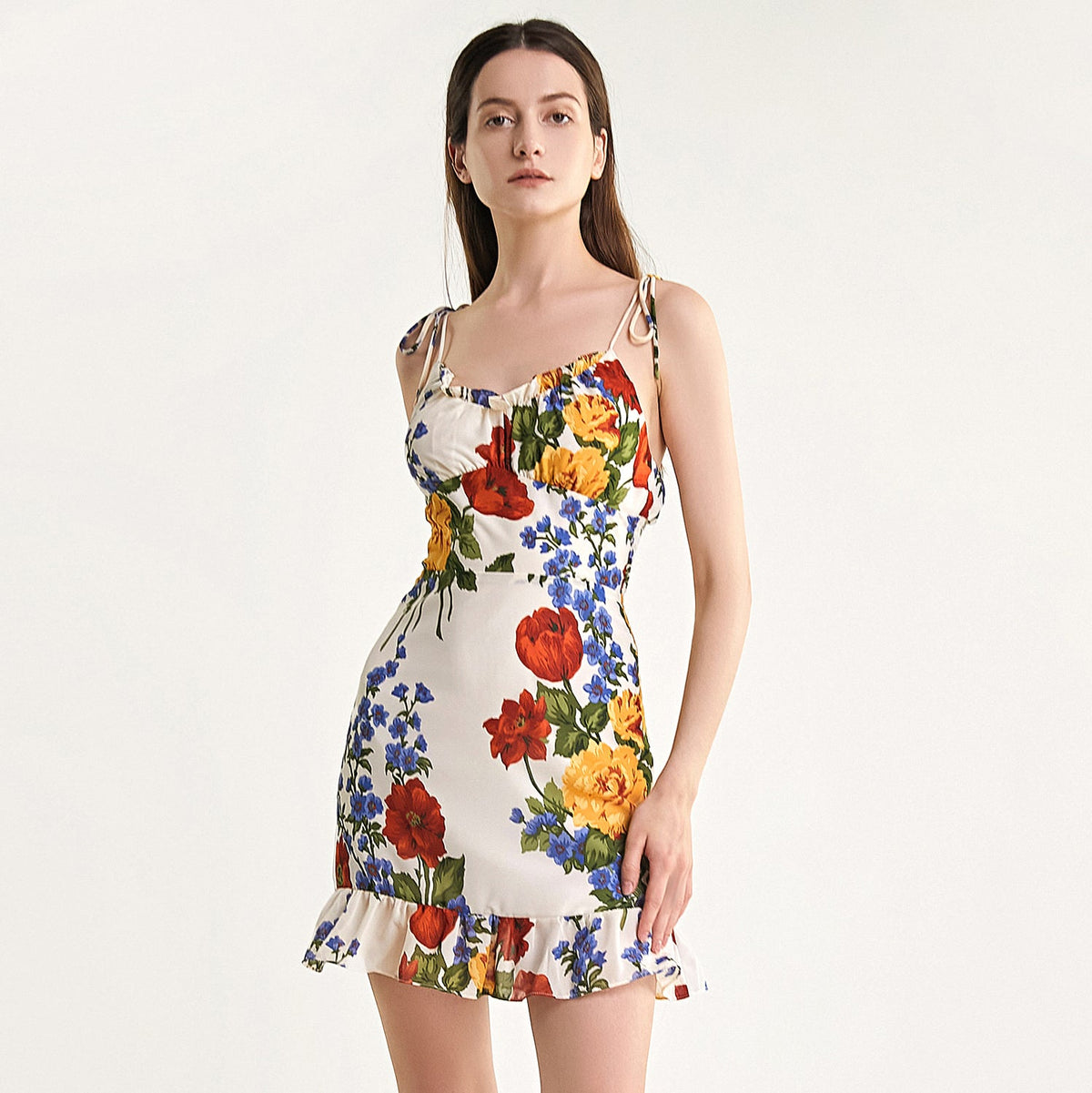 Ivory Floral Print Tie Strap Ruffled Hem Mini Dress