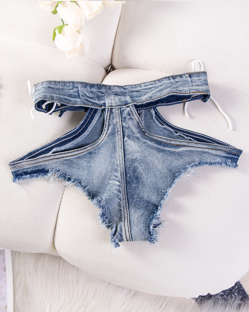 High-waisted Cutout Frayed Skinny Denim Thong