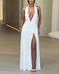 Deep V Neck Backless Ruched Split Thigh White Halter Vacation Dress