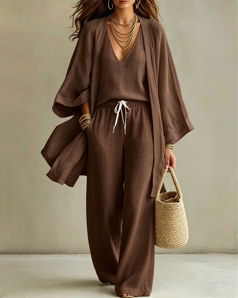 Casual Loose Cotton Linen Sleeveless Vest, Wide-leg Pants and Cardigan Three-piece Set