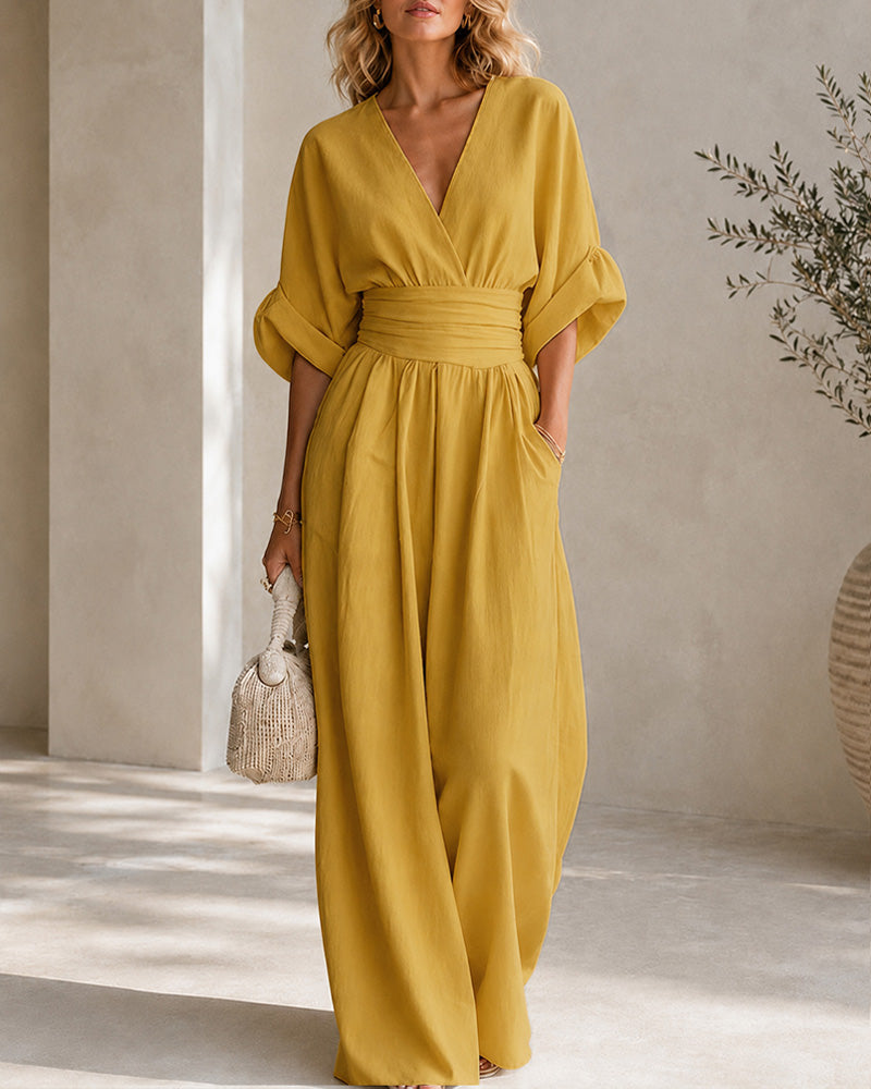 Casual Deep V Waist-cinching Wide-leg Jumpsuit