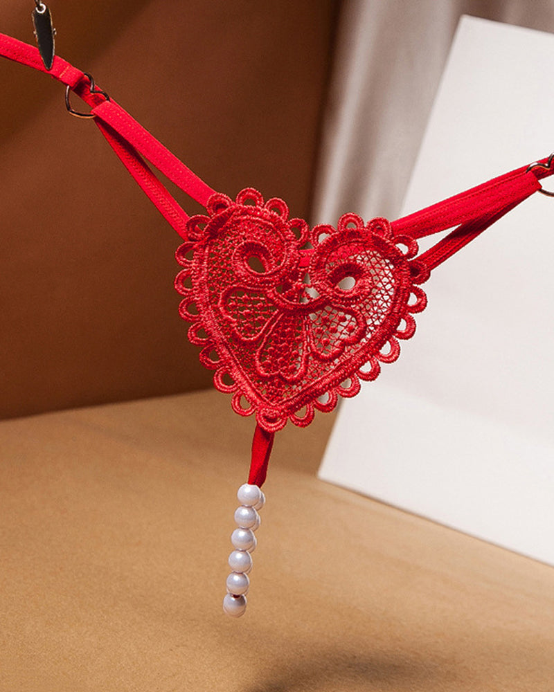 Heart-Shaped Lace Flower Pearl Embellished Thong