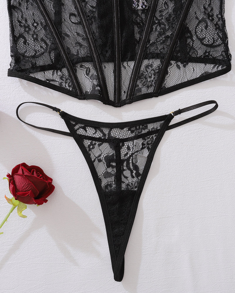 Halter Neck See-through Lace Fishbone Lingerie Set