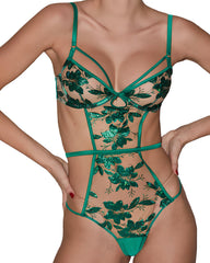 Green Floral Embroidered Sheer Mesh Bodysuit