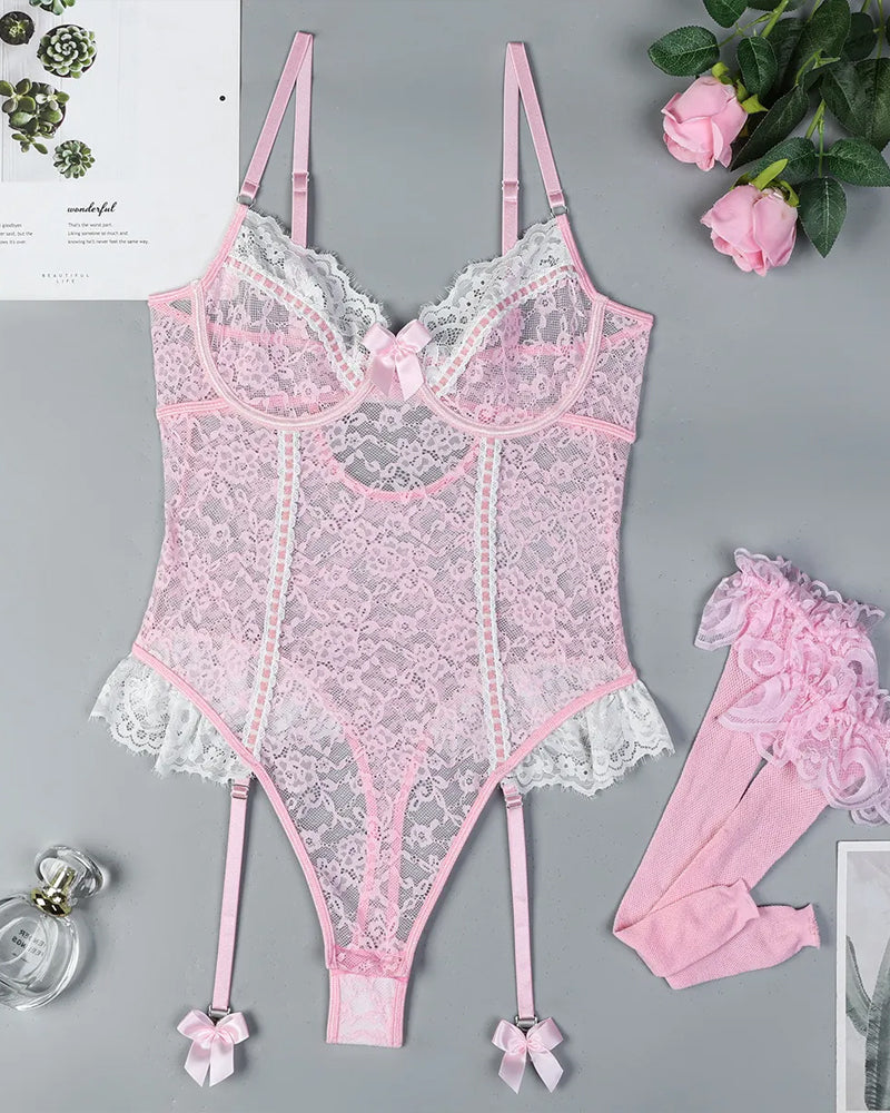Floral Lace See-Through Bodysuit With Stockings Set