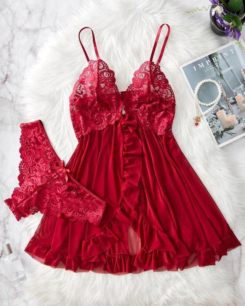 Women's Lace Ruffle Suspender Nightdress and Panty Set