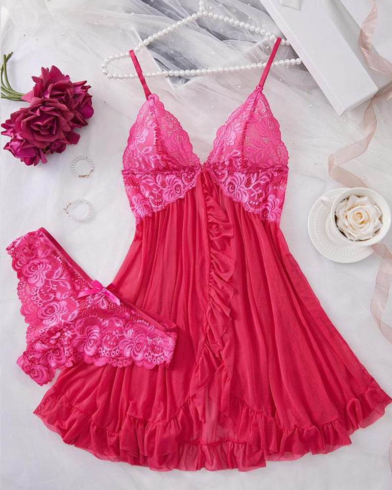 Women's Lace Ruffle Suspender Nightdress and Panty Set