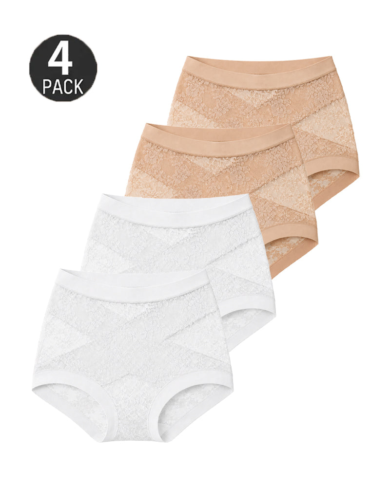 4-Pack High Waist Front Crossover Floral Lace Breathable Panties
