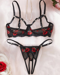 Lace Red Lip Print Cut-out Bra and Open-crotch Thong Lingerie Set