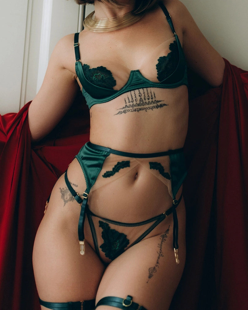 Mesh See-Through Flower Embroidery Push-Up Bra Lingerie Set