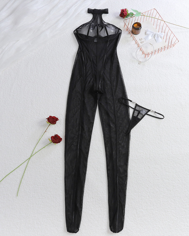 Vertical Striped See-Through Tulle Slim-Fitting Halterneck Jumpsuit