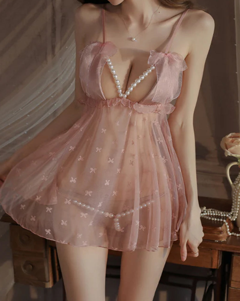Deep V Mesh See-Through Pearl Open Crotch Lingerie Set
