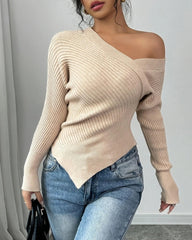 Off-the-shoulder Irregular Knit Stretch Sweater