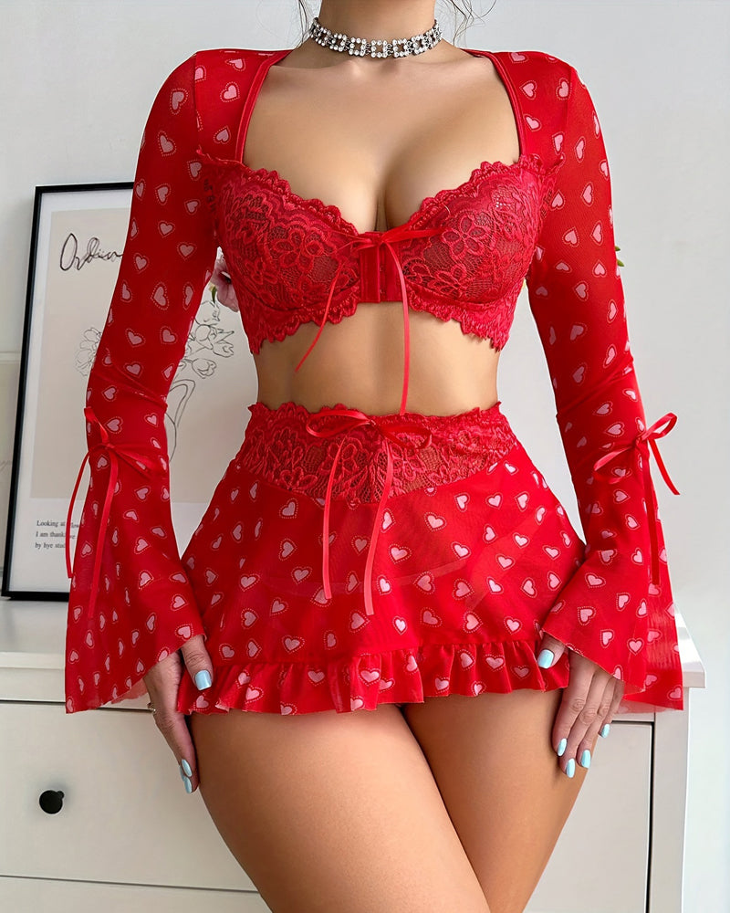 Heart-print Front-clasp Bra Long-sleeved Top and Skirt Lingerie Set