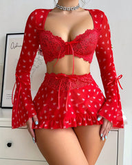 Heart-print Front-clasp Bra Long-sleeved Top and Skirt Lingerie Set