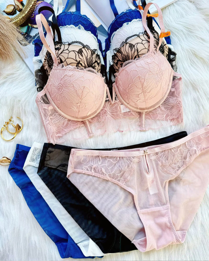 Mesh Lace Floral Embroidered Underwire Bra And Panty Set