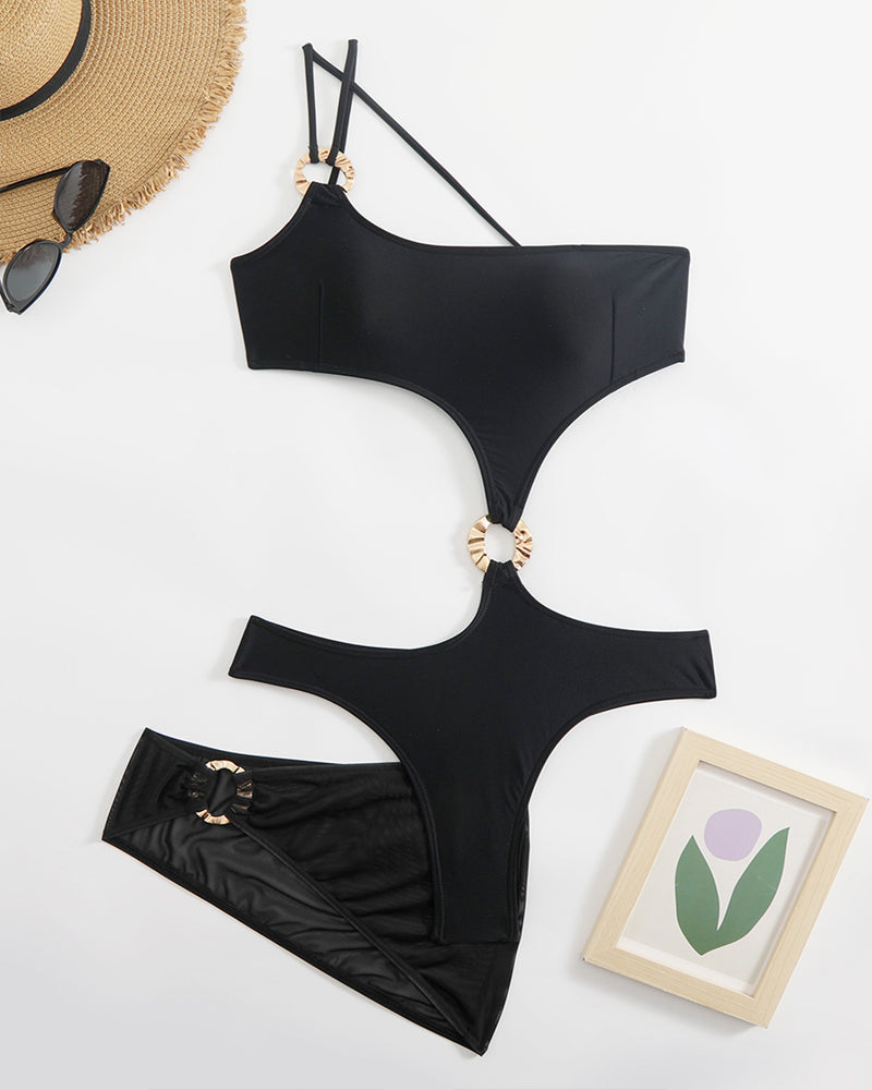 One-shoulder Solid Color One-piece Swimsuit and Cover-up Set