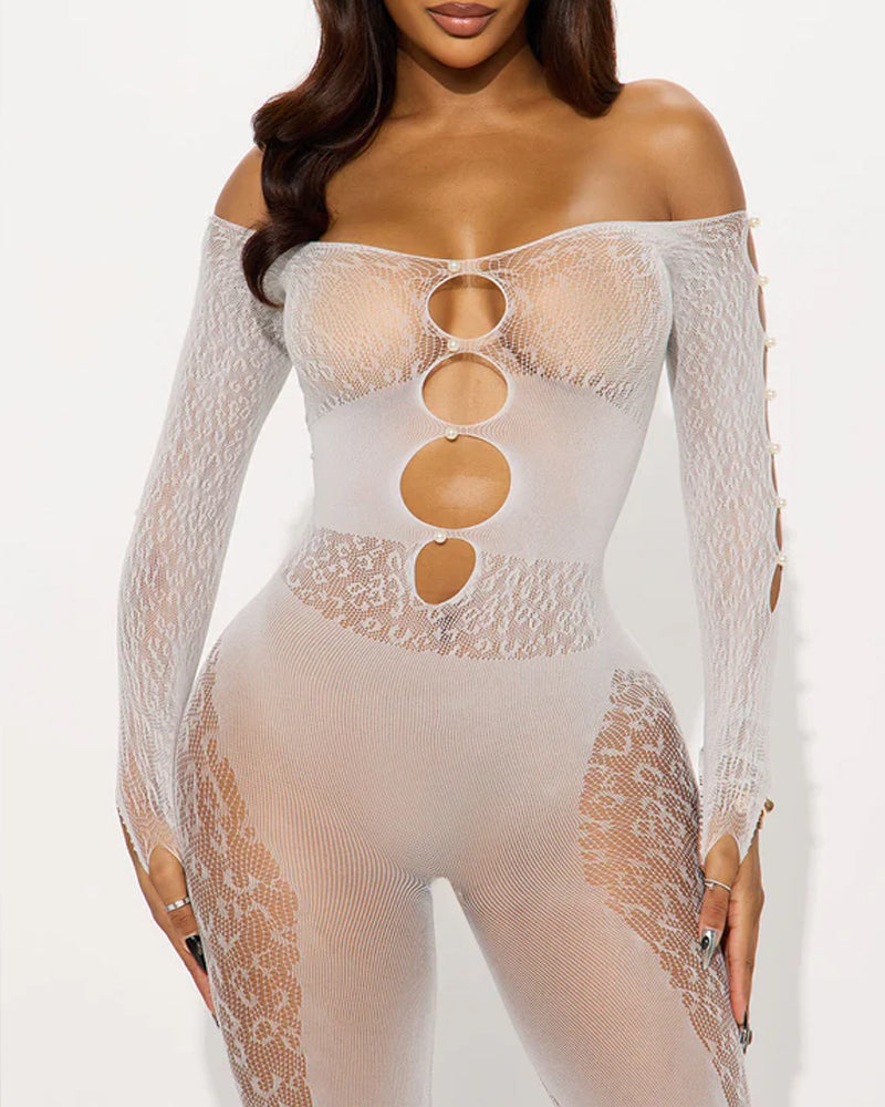Leopard Print Jacquard Pearl-embellished Cutout Long-sleeved Jumpsuit