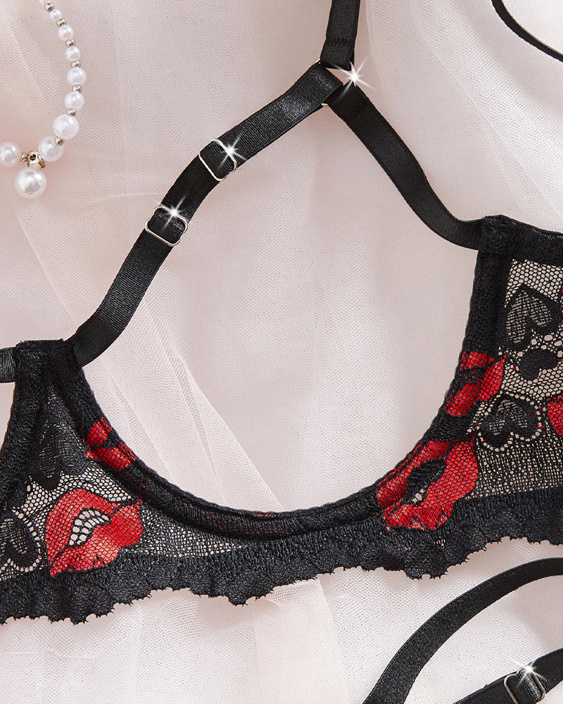 Lace Red Lip Print Cut-out Bra and Open-crotch Thong Lingerie Set