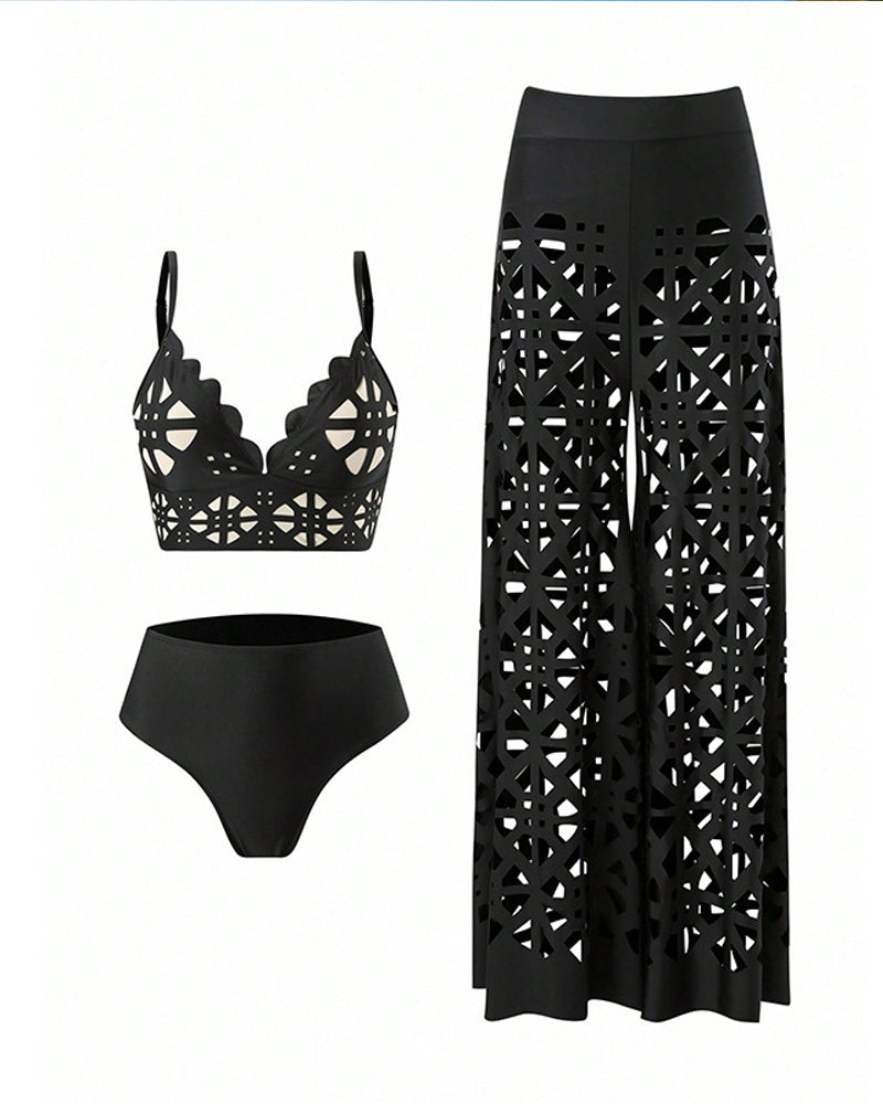 Deep V Neck Cutout Bikini Swimsuit and Wide-leg Pants