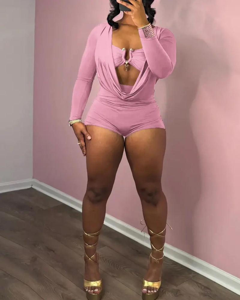 Women's Casual Two-in-one Draped Design Slim-fit Long-sleeved Jumpsuit