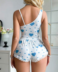 Heart-print One-shoulder Tank Top and Shorts Loungewear Set