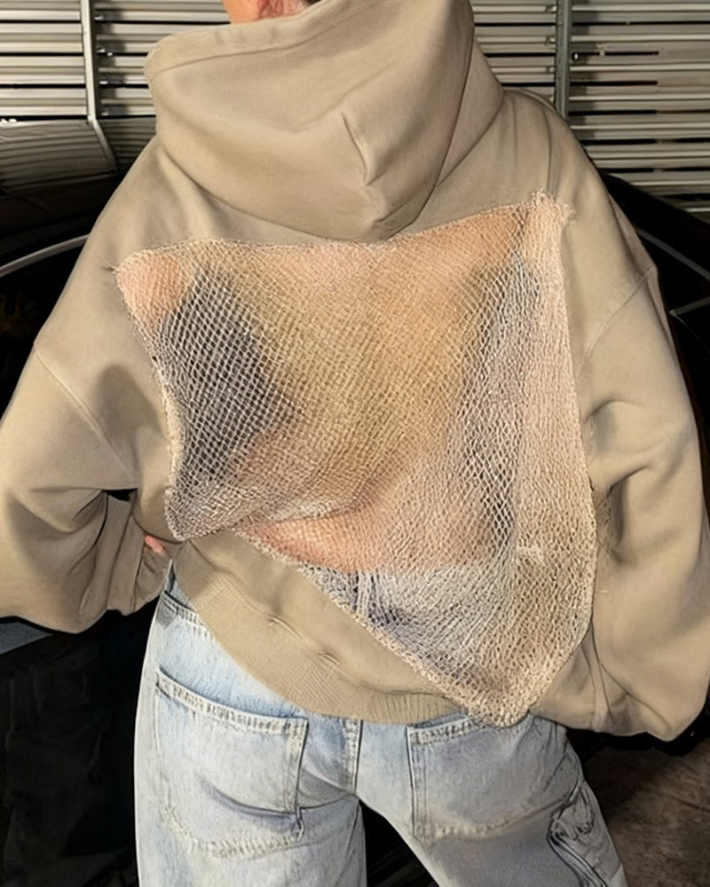 Fashion Solid Color Backless Cutout Mesh Panel Long-sleeved Hooded Sweatshirt