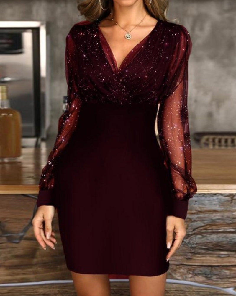 Slim Fit Mesh V-neck Sequined Dress