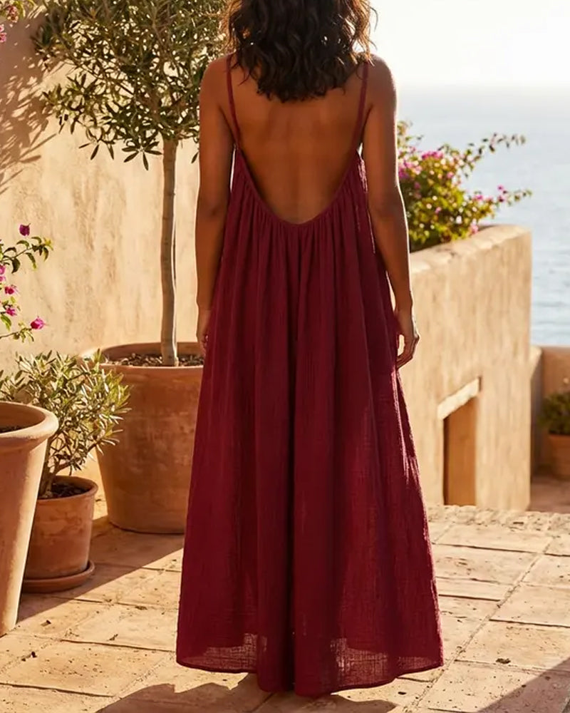 Women's Casual Sleeveless Solid Color Backless Spaghetti Strap Dress