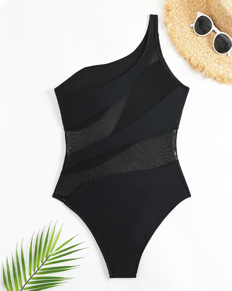 One-shoulder See-through Mesh One-piece Swimsuit