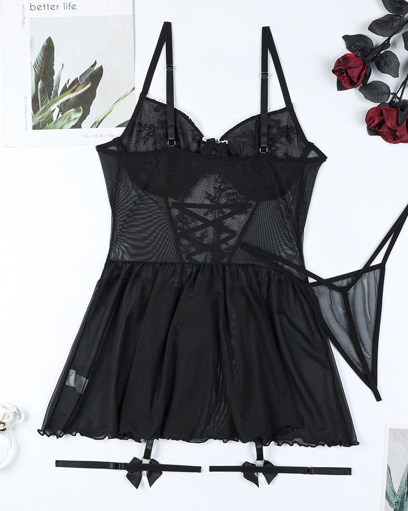 Lace Mesh See-Through Straps Cross Bow Mesh Ruffled Nightdress
