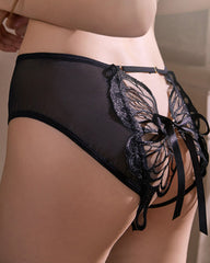 Butterfly Tie-up Hollow Lace Mesh Sheer Open-crotch Panties