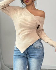 Off-the-shoulder Irregular Knit Stretch Sweater