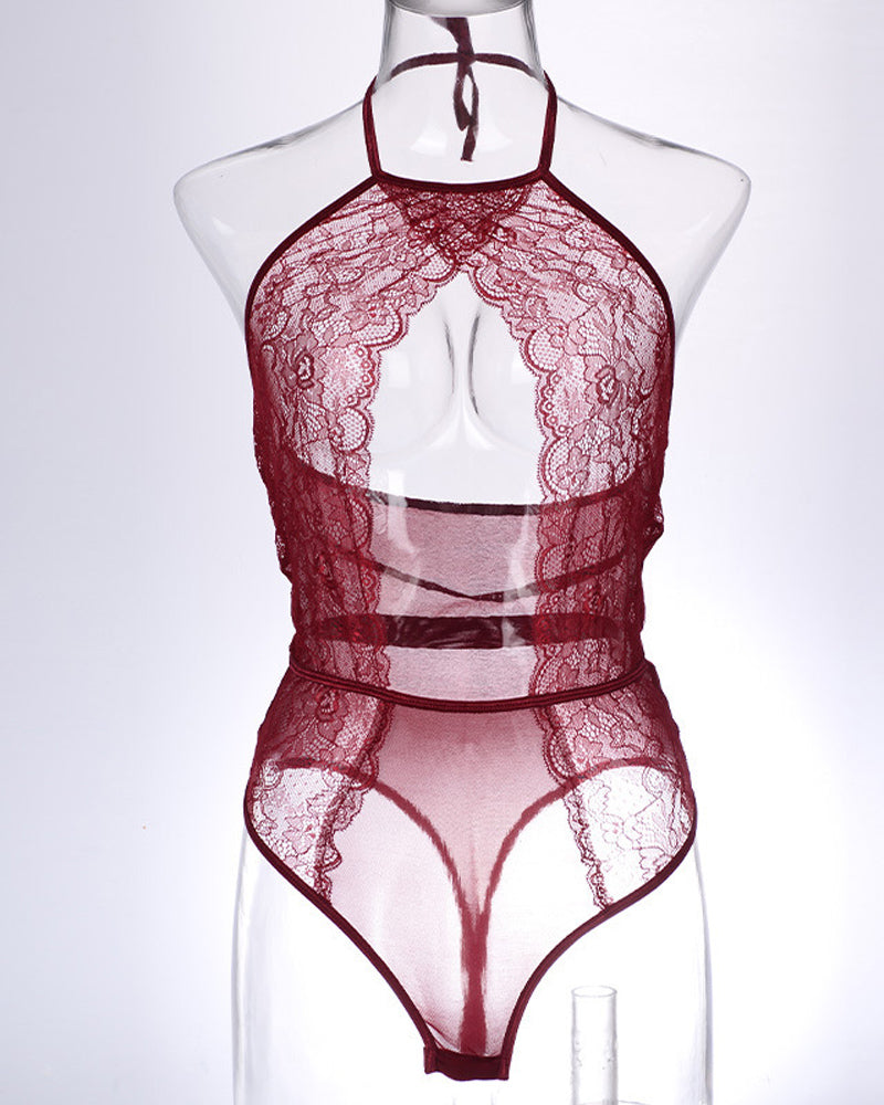 Lace Mesh Openwork Halter Bodysuit