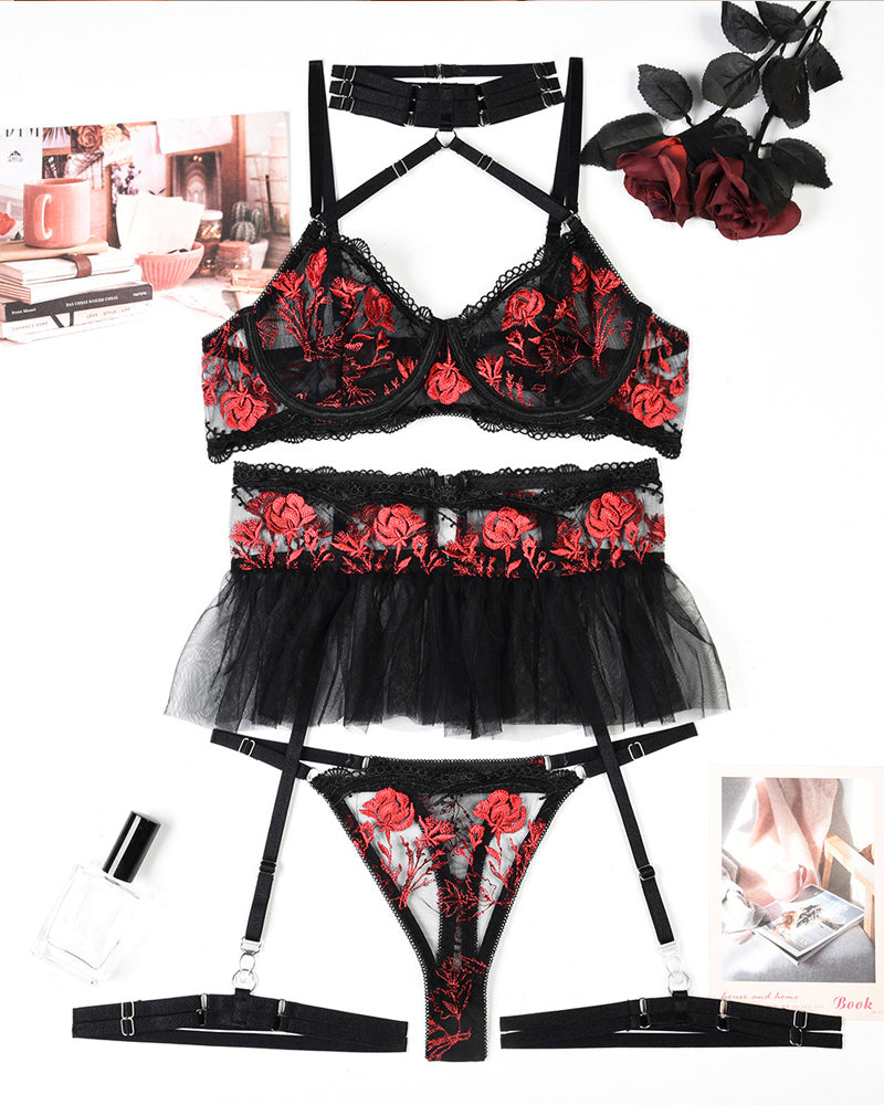 Floral Embroidery Mesh Patchwork Halter Neck Lingerie Set