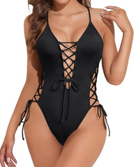 Women's Backless Deep V-Neck Cross Strap Solid Color One-Piece Swimsuit