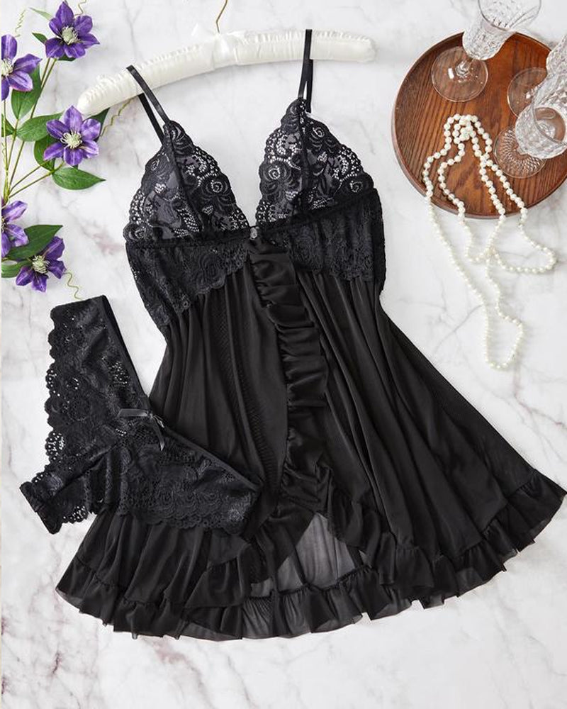 Women's Lace Ruffle Suspender Nightdress and Panty Set