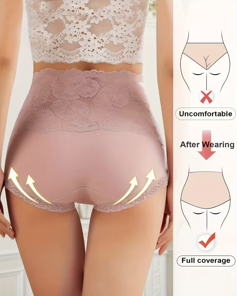 Women's High-waisted Tummy-controlling Lace Cotton Comfortable Breathable Panties