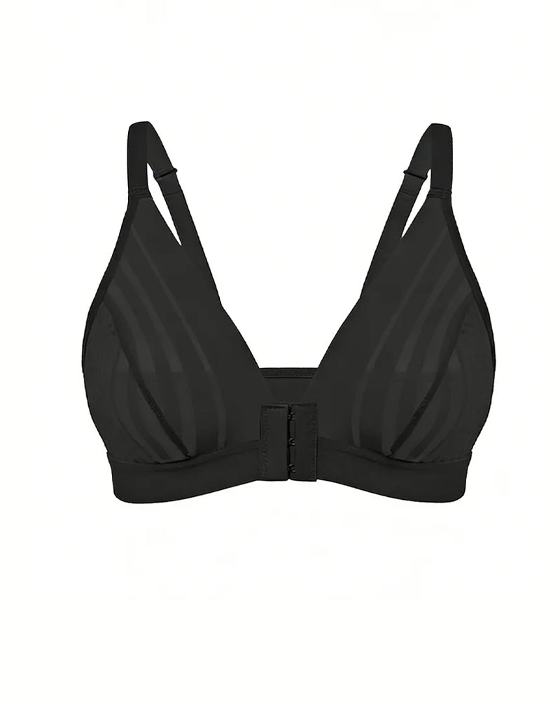 Deep V-neck Striped Mesh Paneling Front-closure Bra