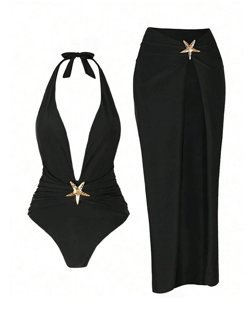 Deep V Halter Neck Swimsuit and High Slit Skirt Set