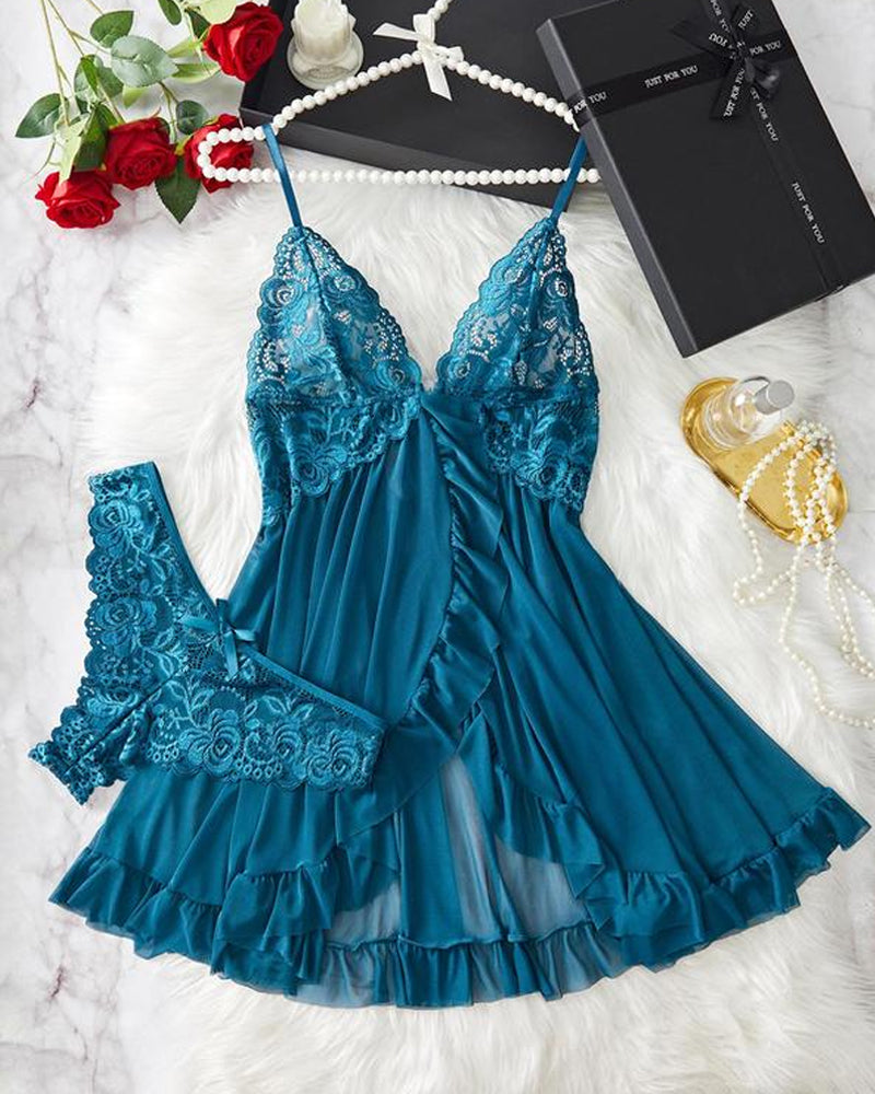Women's Lace Ruffle Suspender Nightdress and Panty Set